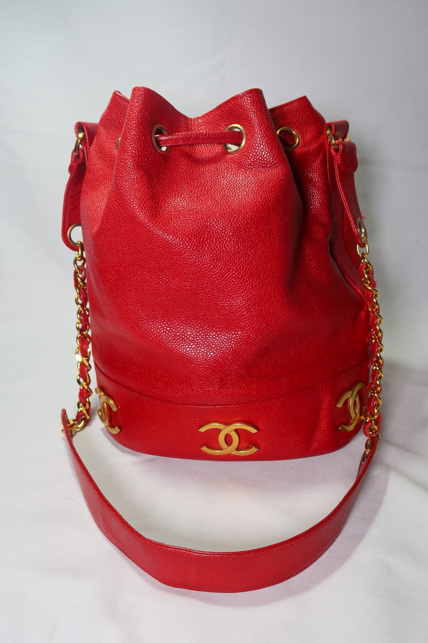 Chanel Red Caviar 3 'CC' Bucket Bag Medium