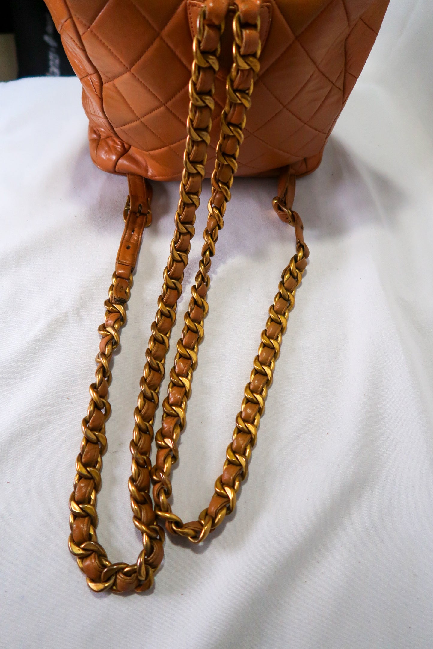 Chanel Lambskin Quilted Drawstring Backpack Camel