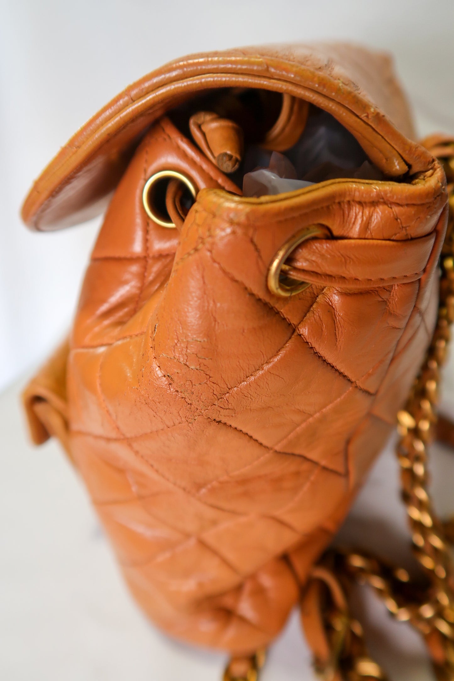 Chanel Lambskin Quilted Drawstring Backpack Camel