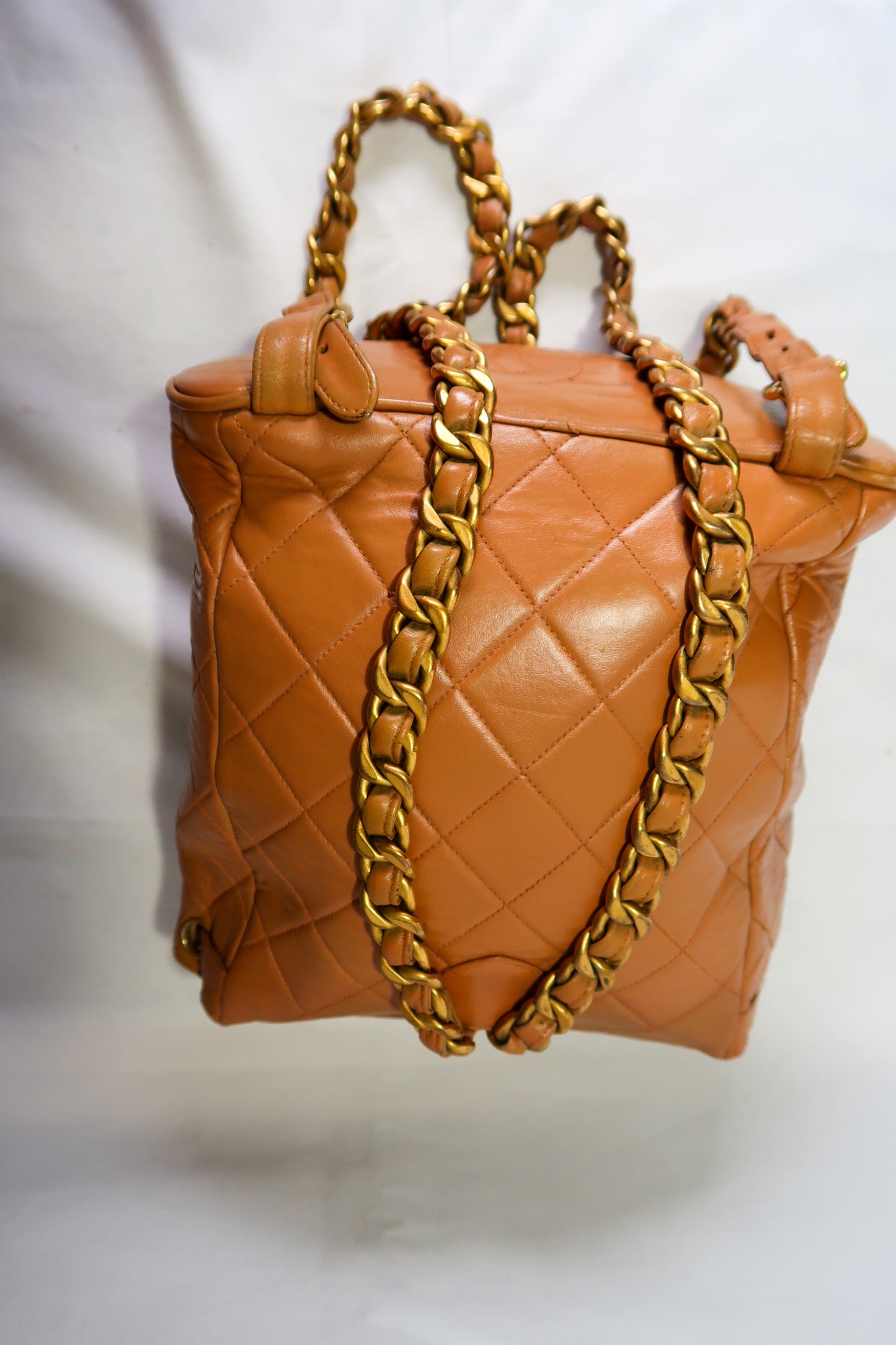 Chanel Lambskin Quilted Drawstring Backpack Camel