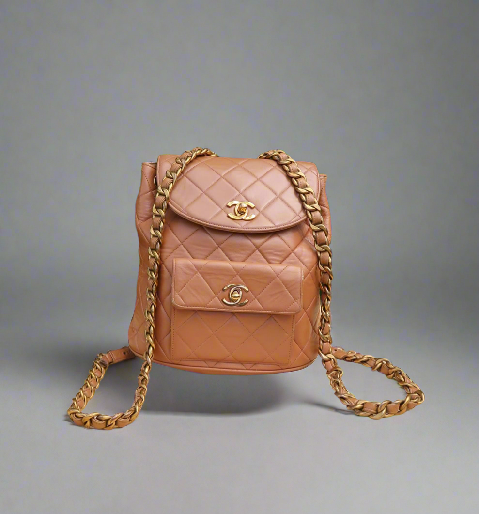 Chanel Lambskin Quilted Drawstring Backpack Camel