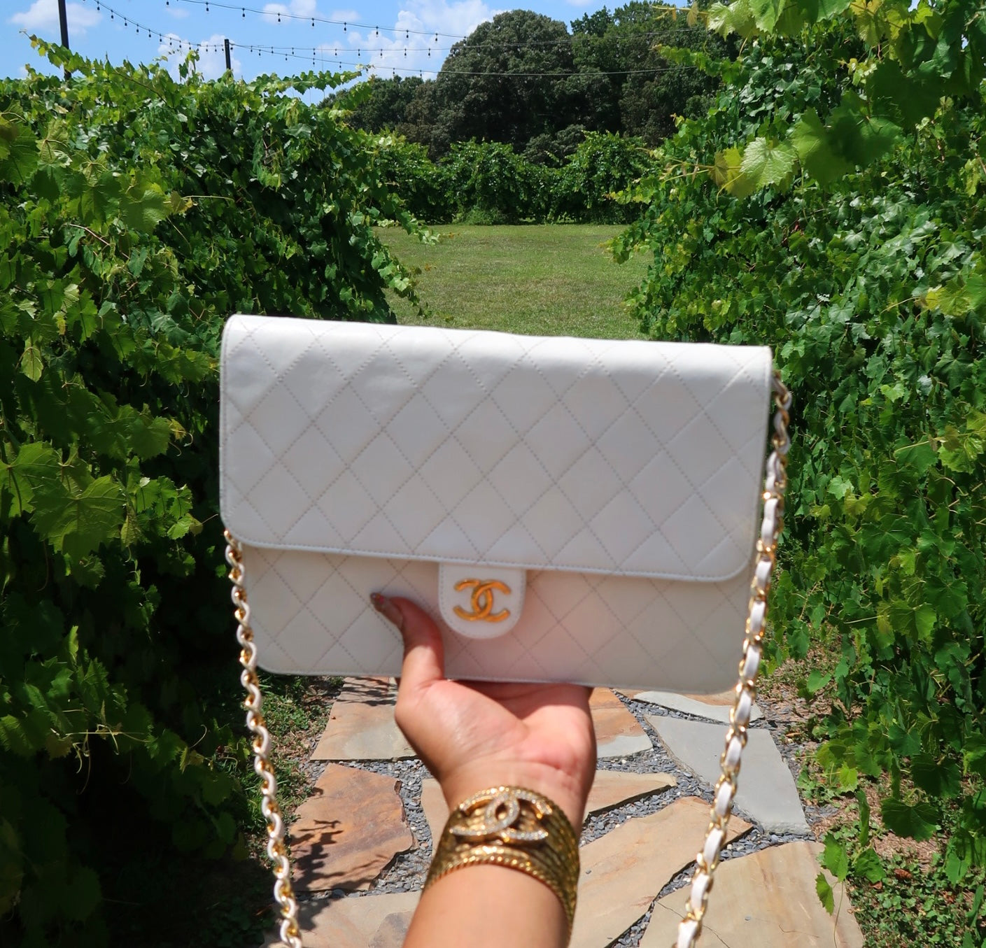 Chanel Quilted Matelasse CC Logo Lambskin Chain Shoulder Bag White / Cream Gold