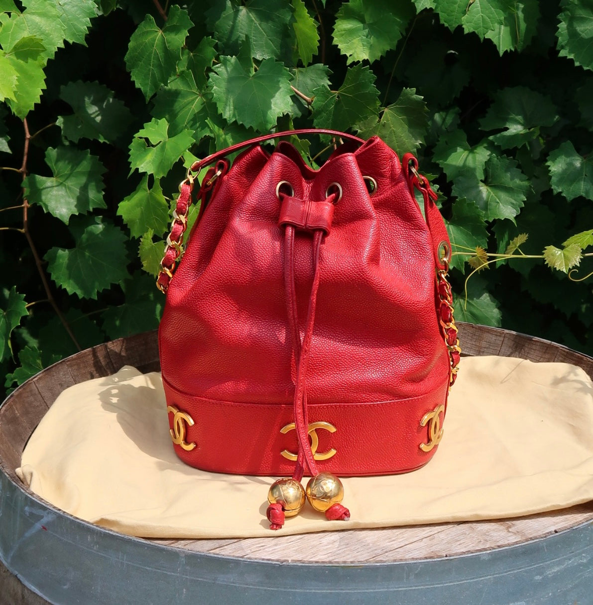 Chanel Red Caviar 3 'CC' Bucket Bag Medium