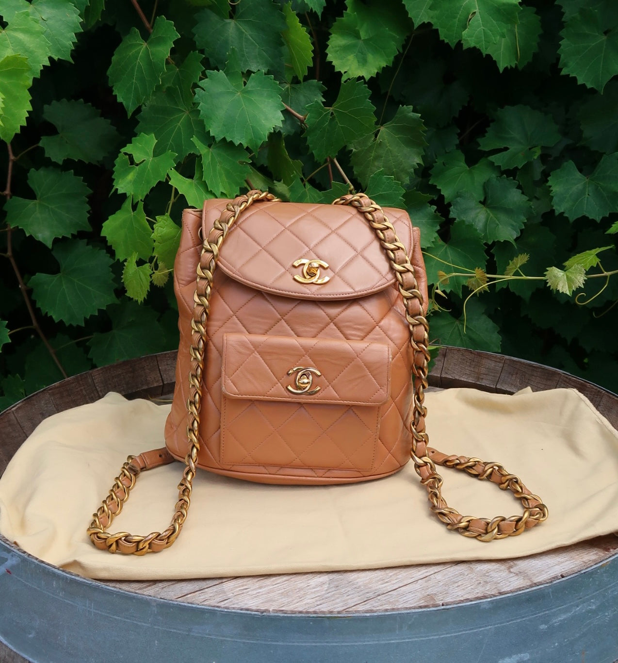 Chanel Lambskin Quilted Drawstring Backpack Camel