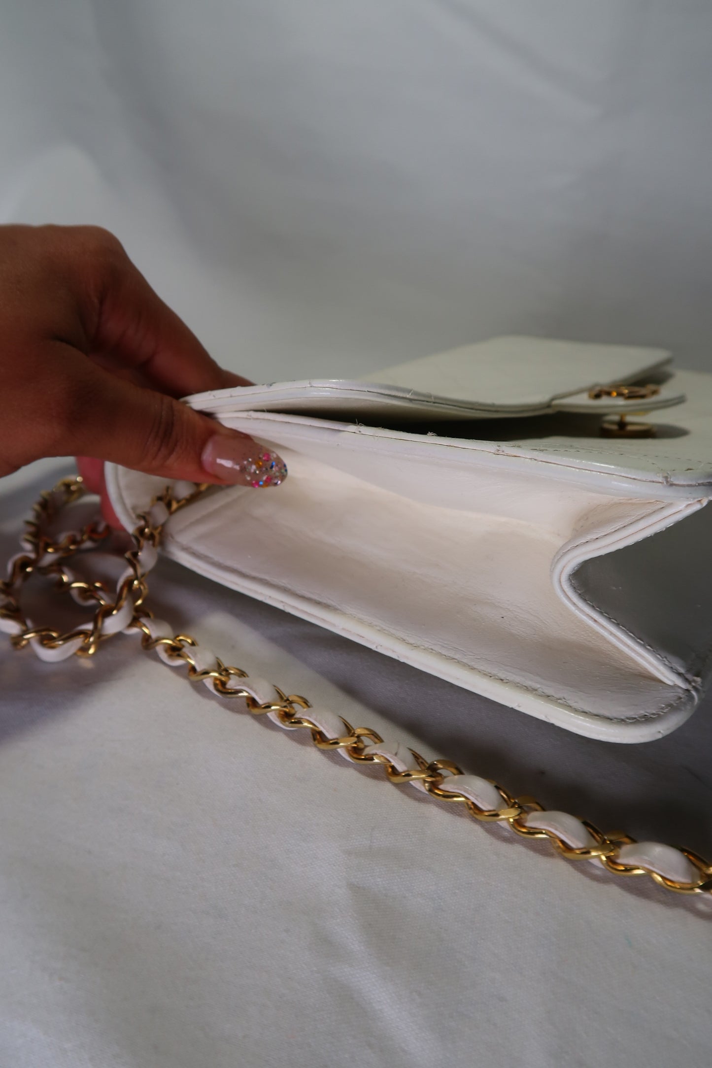 Chanel Quilted Matelasse CC Logo Lambskin Chain Shoulder Bag White / Cream Gold