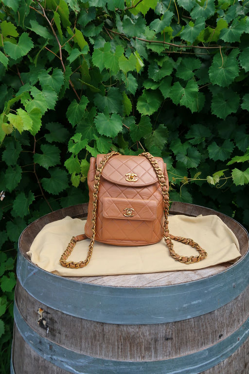 Chanel Lambskin Quilted Drawstring Backpack Camel