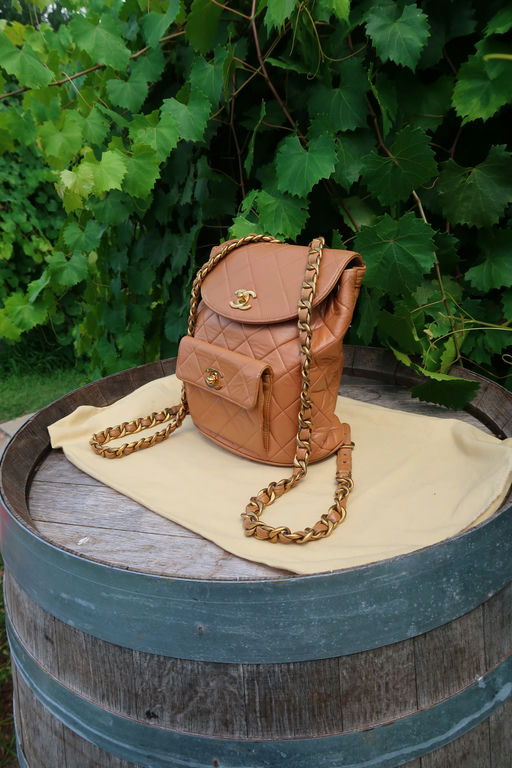 Chanel Lambskin Quilted Drawstring Backpack Camel