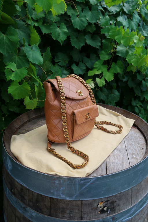 Chanel Lambskin Quilted Drawstring Backpack Camel