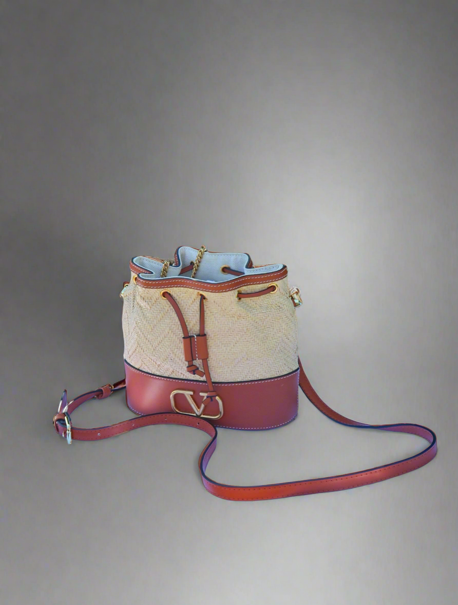 Valentino Garavani Raffia Calfskin Vlogo Drawstring Shoulder Bag Naturale Saddle Brown