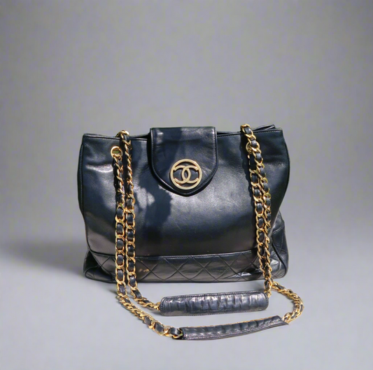 Chanel Vintage Tote Bag  – Black Quilted Lambskin with Round CC Logo
