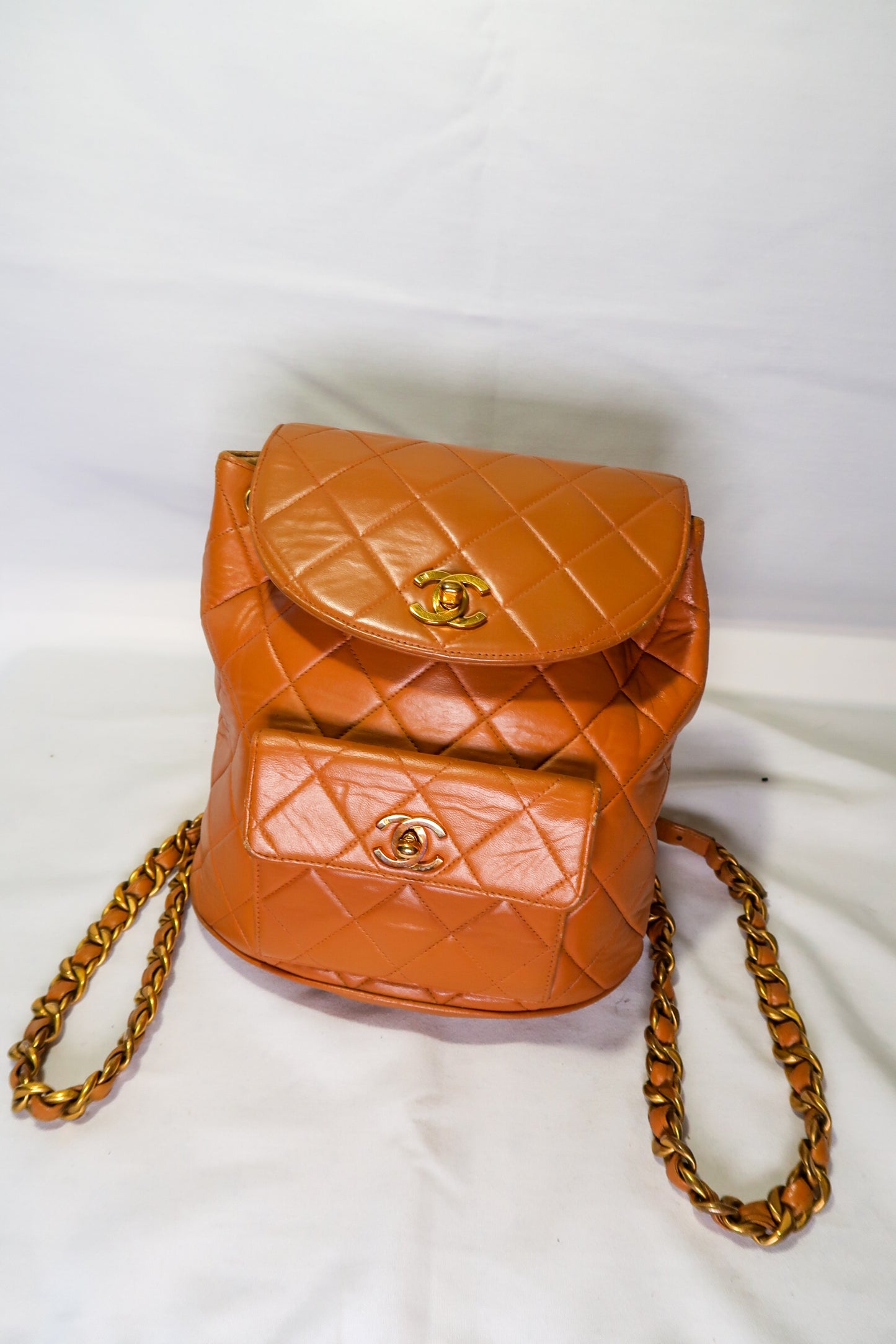 Chanel Lambskin Quilted Drawstring Backpack Camel