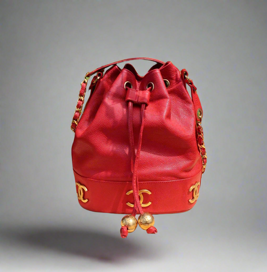 Chanel Red Caviar 3 'CC' Bucket Bag Medium