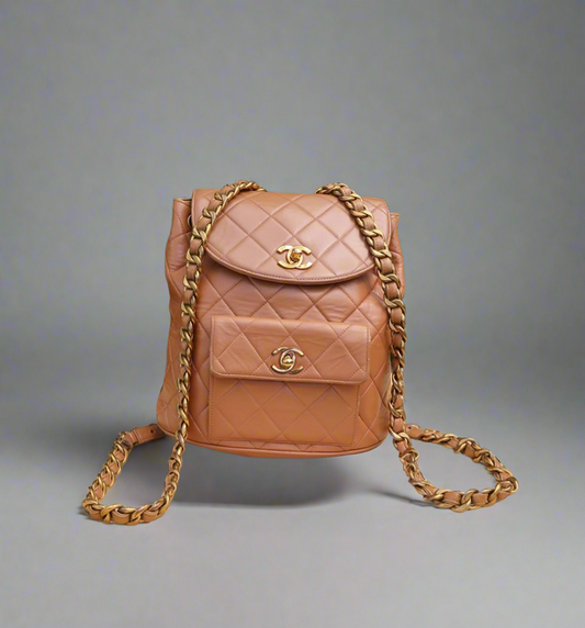 Chanel Lambskin Quilted Drawstring Backpack Camel
