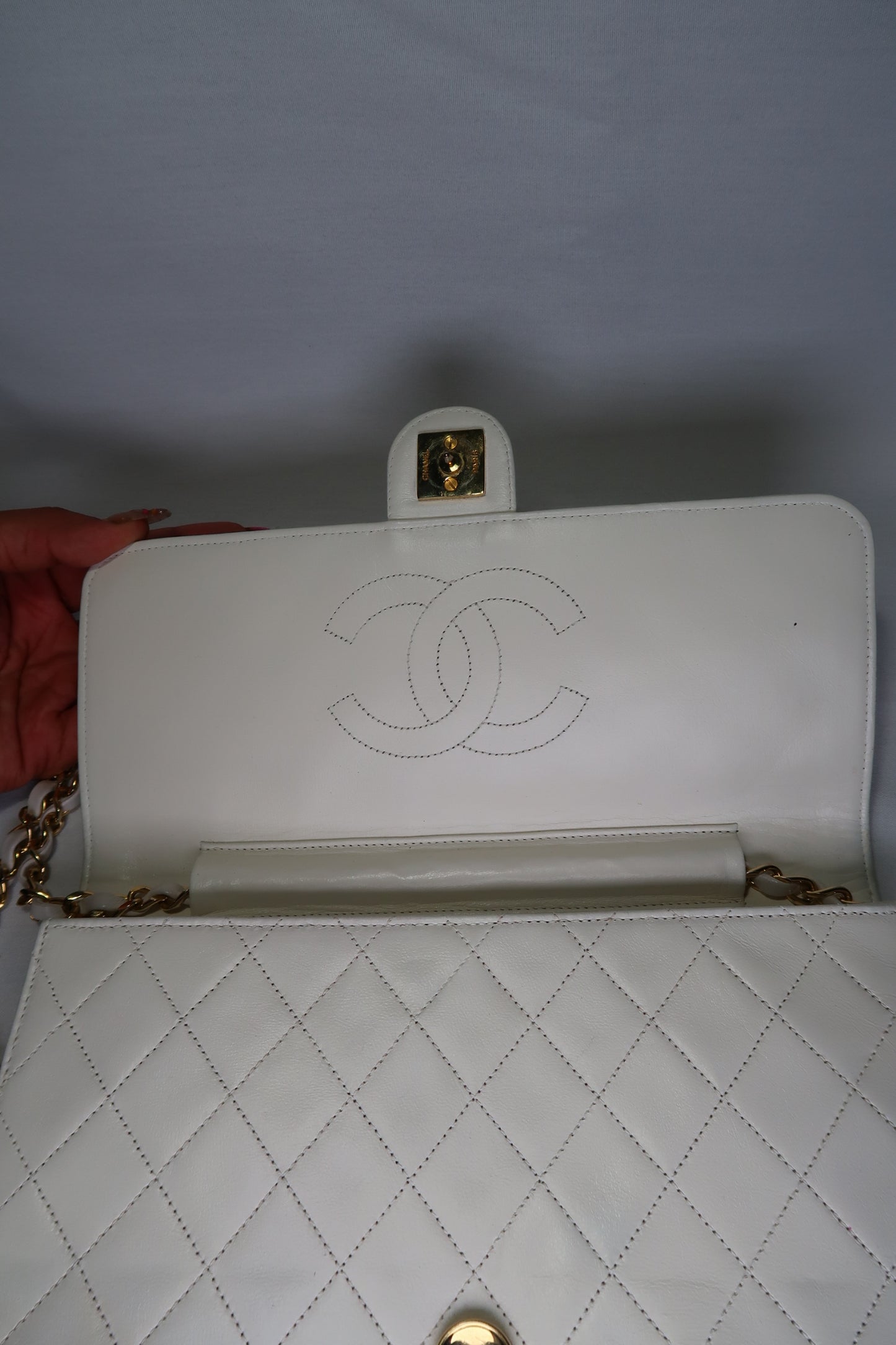Chanel Quilted Matelasse CC Logo Lambskin Chain Shoulder Bag White / Cream Gold