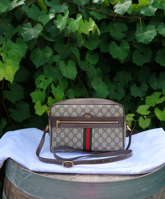Gucci GG Supreme Monogram Web Ophidia Shoulder Bag Brown